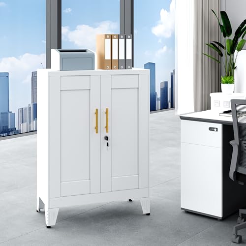 36" White Floor Storage Cabinet, Locked Metal Storage Cabinets with 2 Doors and 2 Adjustable Shelves, Sideboard Buffet Cabient, Freestanding Cabinet for Home/Office/Garage/Tool Room/Bathroom