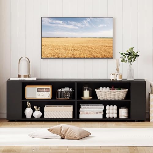 Wood TV Stand for TVs up to 65 Inch Flat Screen, Modern Entertainment Center with 8 Open Shelves, Universal TV Storage Cabinet for Living Room Bedroom, TV Console Table (Pure-Black)