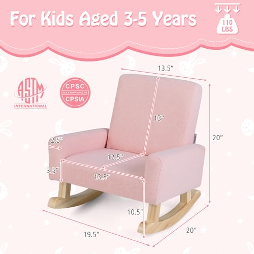 Toddler Rocking Chair, Kids Rocker with Solid Wood Legs & Linen Fabric, Anti-Tipping Design, Toddler Couch for Kids Room, Playroom, Nursery, Bedroom (Pink)