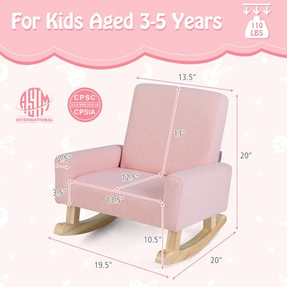Toddler Rocking Chair, Kids Rocker with Solid Wood Legs & Linen Fabric, Anti-Tipping Design, Toddler Couch for Kids Room, Playroom, Nursery, Bedroom (Pink)