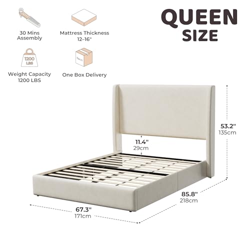 Queen Bed Frame with 53'' Extra Tall Wingback Headboard, view 3