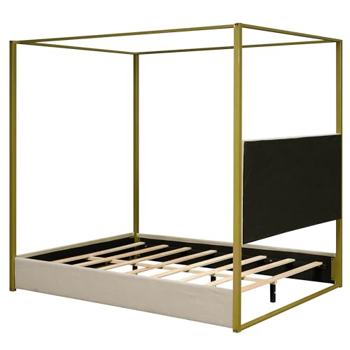 Modern 4-Poster Canopy Platform Bed Queen Size with Channel Upholstery Tufted, view 8