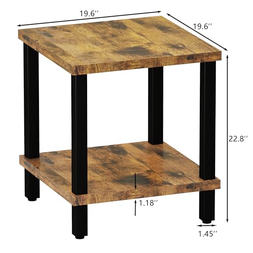 Large End Table Square Side Table Modern Sofa Table 20 Inch Industrial Coffee Table NightStand with 2-Tier Storage Shelf for Living Room Bedroom Rustic Brown MLBZ06R