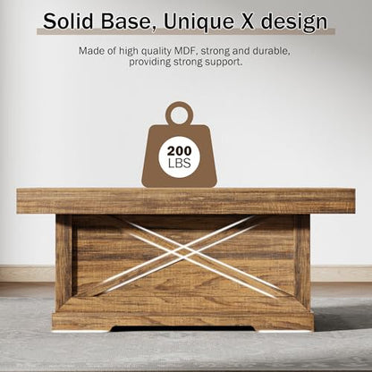 39 in Rustic Coffee Table for Living Room with X-Design, Rectangle | Farmhouse Center Table Wooden Pedestal, Space Saving, Home Office Tea Accent Table Dining Room Apartment, Walnut
