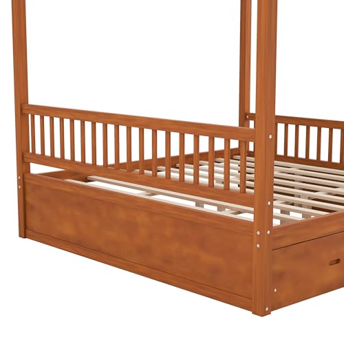 JIJIWANG King Canopy Bed with Storage Drawers & Four Poster Frame, Walnut, view 7