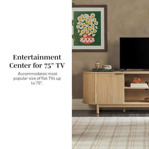 Chloe Curved Reeded TV Stand, Sliding Doors, 75 Inch, 70 inch, Coastal Oak