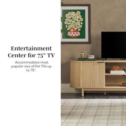 Chloe Curved Reeded TV Stand, Sliding Doors, 75 Inch, 70 inch, Coastal Oak