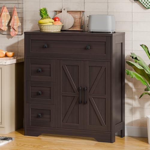 Farmhouse Storage Cabinet with 2 Doors and 4 Drawers, Freestanding Bathroom Storage Cabinet Kitchen Pantry, Floor Cupboard for Living Room/Bathroom/Kitchen,Espresso