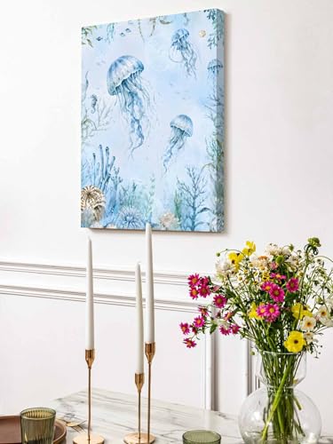 NuYeBiofx Summer Marine Life Jellyfish Canvas Wall Art Prints,30"x20" Framed Picture Artwork Coastal Starfish Corals Printed Canvas Oil Painting for Living Room Bedroom Office,Ready to Hang