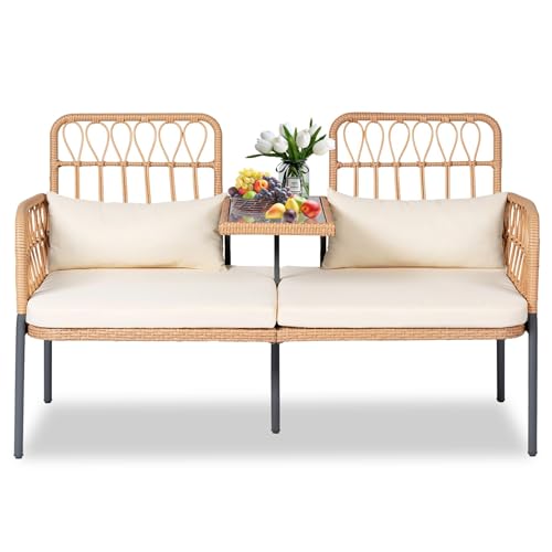 ROHIKER Outdoor Patio Loveseat Rattan Loveseat 2-Seat Furniture with Built-in Table, Lumbar Pillows and Cushions, All-Weather Small Patio Couch for Balcony, Lawn, Backyard