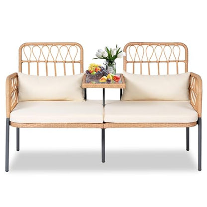 ROHIKER Outdoor Patio Loveseat Rattan Loveseat 2-Seat Furniture with Built-in Table, Lumbar Pillows and Cushions, All-Weather Small Patio Couch for Balcony, Lawn, Backyard