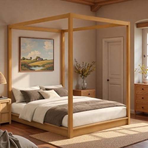 Queen Size Canopy Bed, Wood 4 Poster Floor Bed Frame with Wood Slats Support, view 4