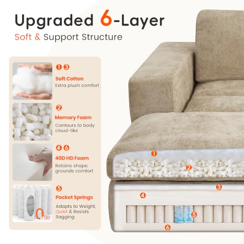 81" Oversized Double Chaise Lounge, Cloud Boneless Sofa Bed, Khaki, view 5