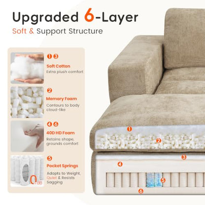 81" Oversized Double Chaise Lounge, Cloud Boneless Sofa Bed, Khaki, view 5