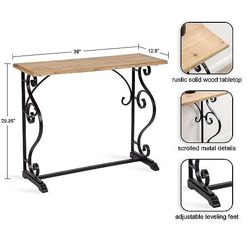 Wyldwood Solid Wood Farmhouse Console Table, 36 x 13 x 30, Hazelnut and Black, Rustic Ornate Wood and Metal Entryway Table with Unique Scrolling Base Design