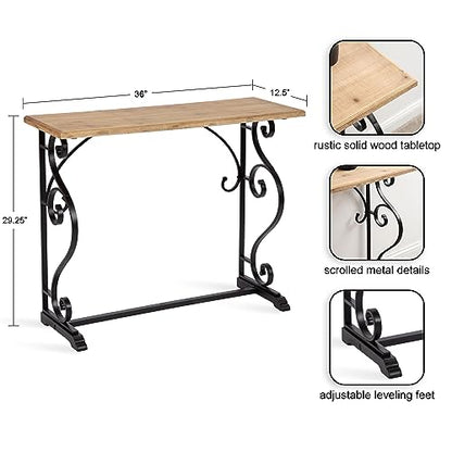 Wyldwood Solid Wood Farmhouse Console Table, 36 x 13 x 30, Hazelnut and Black, Rustic Ornate Wood and Metal Entryway Table with Unique Scrolling Base Design