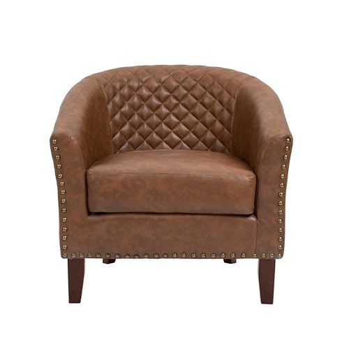 Faux Leather Barrel Accent Chairs Set of 6, Modern Club Upholstered Arm Chair, Comfy Armchair Nailed Trim Living Room Single Sofa Reading Seat Bedroom Side Sitting for Office, Brown