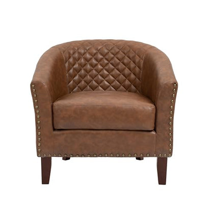 Faux Leather Barrel Accent Chairs Set of 6, Modern Club Upholstered Arm Chair, Comfy Armchair Nailed Trim Living Room Single Sofa Reading Seat Bedroom Side Sitting for Office, Brown
