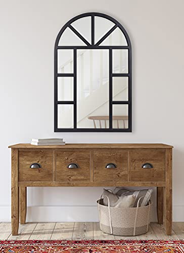 Hogan Rustic Wood Framed Arch Windowpane Wall Mirror, 24 x 36, Distressed Black, Chic Farmhouse Wall Decor