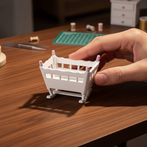 Dollhouse Cradle Miniature Rocking Bed Wooden Infant Furniture Spindle Rail Nursery Crib Realistic Design Suitable for Diorama Project Collector Display Bedroom Scene, Pink