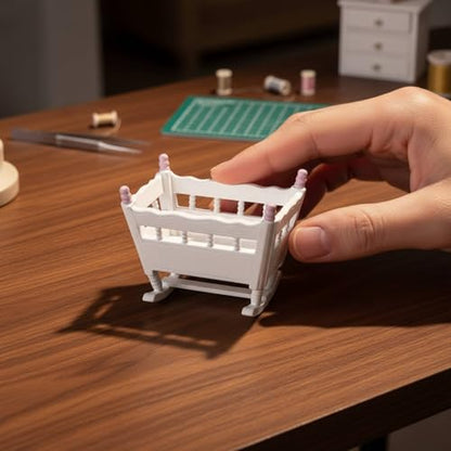 Dollhouse Cradle Miniature Rocking Bed Wooden Infant Furniture Spindle Rail Nursery Crib Realistic Design Suitable for Diorama Project Collector Display Bedroom Scene, Pink