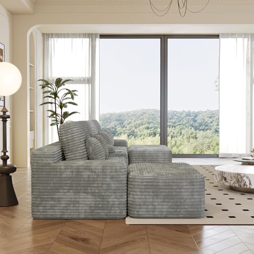 150" U-Shaped Oversized Corduroy Modular Sectional Sofa with 2 Ottomans and Multi Functional Console, 6-Seater Upholstered Couch with USB and 2 Cup Holder, Easy Assembly, for Living Room, Grey