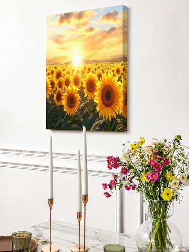 NuYeBiofx Summer Farm Sunflowers Canvas Wall Art Prints,48"x32" Framed Picture Artwork Watercolor Sunset Printed Canvas Oil Painting for Living Room Bedroom Office,Ready to Hang