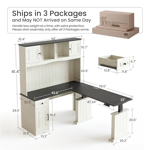 80x60 L Shaped Electric Standing Desk with Hutch and Drawers, view 3
