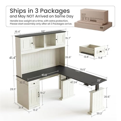80x60 L Shaped Electric Standing Desk with Hutch and Drawers, view 3