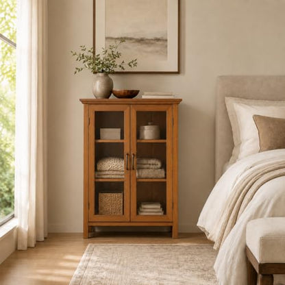 Avery Wooden Freestanding Floor Cabinet with 2 Adjustable Shelves 3 Storage Spaces 2 Glass Paneled Doors and 2 Antique Brass Knobs, Oiled Oak | Freestanding, 2 Adjustable Shelves, 3 Storage Spaces, 2 Glass Paneled Doors, 2 Antique Brass Knobs