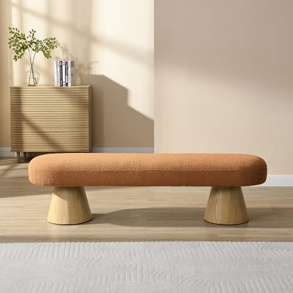 Dining Bench for Dining Room, Upholstered Bedroom End of Bed Entryway Bench, Boucle Ottoman for Living Room, 64" L Stool Top Wood Leg 300 LBS Weight Capacity, Orange