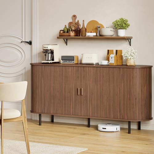 63" Fluted Buffet Sideboard Cabinet with Sliding Door, Walnut, view 8