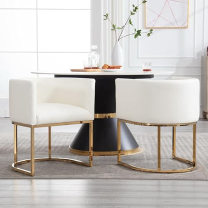 Faux Leather Dining Chairs Set of 2 Modern Barrel Arm Chairs with Golden Metal Frame, Upholstered Kitchen Chairs 18.5" Wide Accent Chairs for Living Room Dining Room Restaurant, White