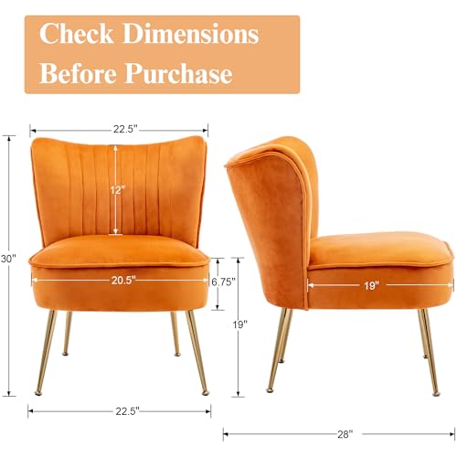 Velvet Accent Chairs Set of 2 for Comfy Living Room Armless Slipper Chair Mid Century Side Chair Single Sofa with Golden Legs Wingback for Bedroom Guest Room, Orange