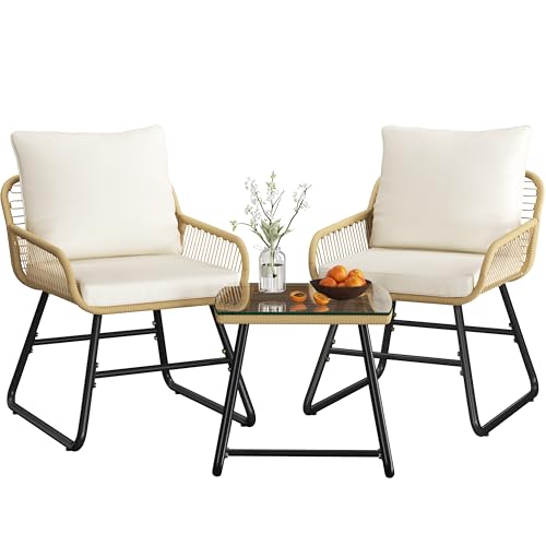 Yaheetech 3 Piece Patio Bistro Set, Outdoor Wicker Bistro Furniture Sets | 2 Rattan Chairs and Glass Top Table for Patio, Balcony, Porch, Poolside, Backyard, Tan/Cream