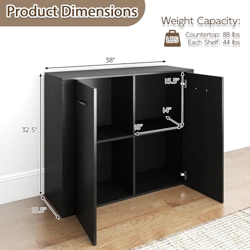38-Inches Storage Cabinet, Sideboard with 2 Doors and 4 Cubic Shelves, Anti-Tipping Device, Sturdy Metal Hings, Credenza, Bathroom Cabinet for Living Room, Kitchen, Entryway, Black