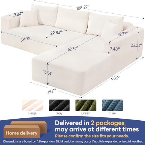 2025 New 108" Cloud Couch Sectional, Comfy Boneless Modular Sectional Sofa with L-Shaped Chaise, Deep Seat Couch for Living Room, No Assembly Required (Beige, Right Facing Chaise)