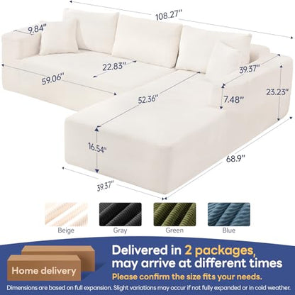2025 New 108" Cloud Couch Sectional, Comfy Boneless Modular Sectional Sofa with L-Shaped Chaise, Deep Seat Couch for Living Room, No Assembly Required (Beige, Right Facing Chaise)