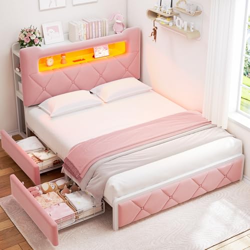 Velvet Princess Bed with Storage, Charging, Pink, view 2