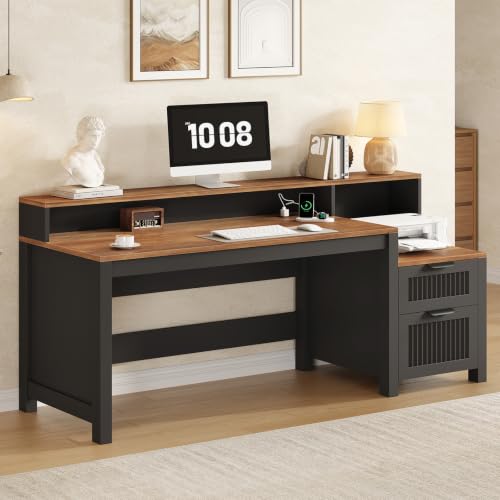 63" Fluted Computer Desk with Drawers & Printer Stand for Home Office, view 4