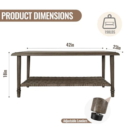 Outdoor Coffee Table Rectangular, Metal&Wicker Patio Table for Outside, Outdoor PE Wicker Coffee Table, All-Weather Coffee Side Table with Storage, Patio Furniture for Patio Balcony Porch (Brown)