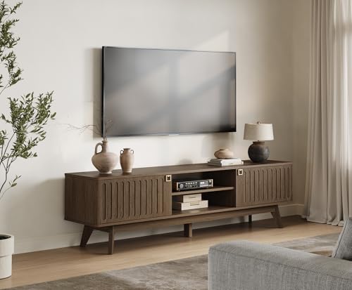 70" Long TV Stand for Living Room, Modern TV Stand Entertainment Center with 2 Storage Cabinets, Mid Century Fluted-Door Media Console Table for 50/60/70/80 Inch TV, Coffee Oak