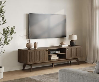 70" Long TV Stand for Living Room, Modern TV Stand Entertainment Center with 2 Storage Cabinets, Mid Century Fluted-Door Media Console Table for 50/60/70/80 Inch TV, Coffee Oak