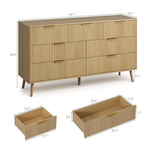 Fluted Dresser and Nightstand Sets 4 Piece, 2-Drawer Nightstands and 5/7 Drawers Dresser, Wood Bedroom Furniture Set for Home, Bedroom, Hallway, Oak