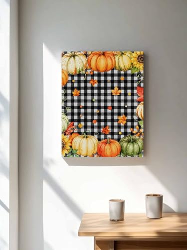 NuYeBiofx Thanksgiving Autumn Orange Pumpkins Canvas Wall Art Prints,30"x20" Framed Picture Artwork Buffalo Plaid Frame Printed Canvas Oil Painting for Living Room Bedroom Office,Ready to Hang