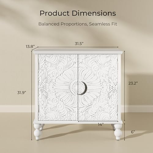 Solid Wood Buffet Cabinet, Accent Cabinet, 2 Carved Doors, White, view 3