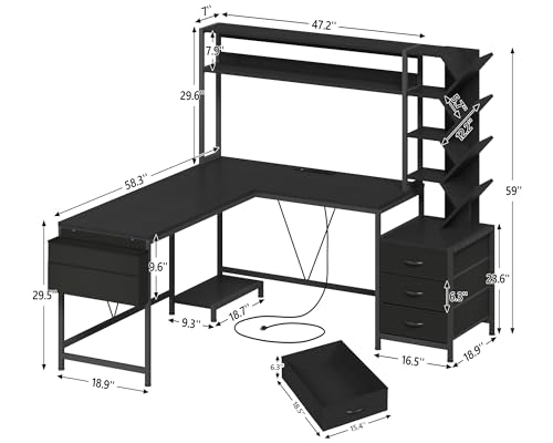 L Shaped Desk with Hutch, Reversible Computer Desk with Drawers and Bookshelf, Home Office Desks with Storage Shelves for Bedroom Home Office, Black