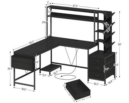 L Shaped Desk with Hutch, Reversible Computer Desk with Drawers and Bookshelf, Home Office Desks with Storage Shelves for Bedroom Home Office, Black