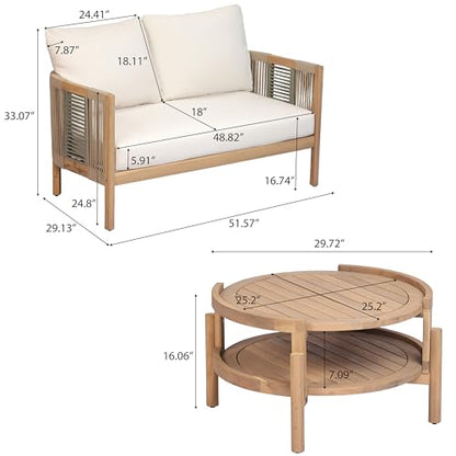 5-Piece Acacia Wood Patio Furniture Set with Coffee Table, 7 Seater Outdoor Conversation Sofa Set, Patio Sectional Chat Set for Backyard Balcony, Teak+ Beige