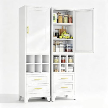 Freestanding white pantry cabinet with golden handles, modern display features, view 2